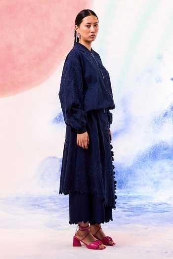 Ilk_Navy Denim Embroidery Drift Textured Overlay Pant _Online_at_Aza_Fashions