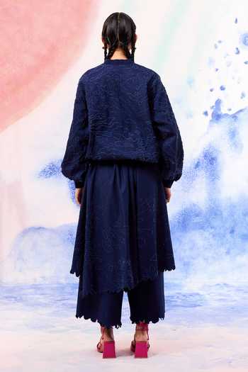 Shop_Ilk_Navy Denim Embroidery Drift Textured Overlay Pant _at_Aza_Fashions