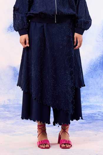 Buy_Ilk_Navy Denim Embroidery Drift Textured Overlay Pant _Online_at_Aza_Fashions