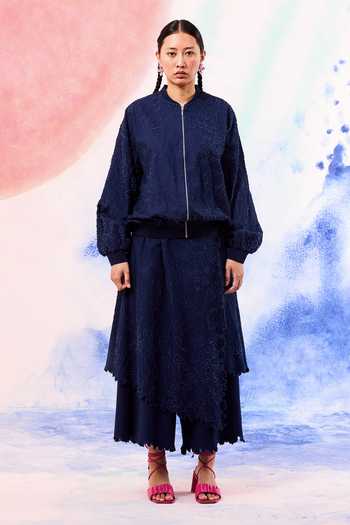 Buy_Ilk_Navy Denim Embroidery Drift Textured Overlay Pant _at_Aza_Fashions