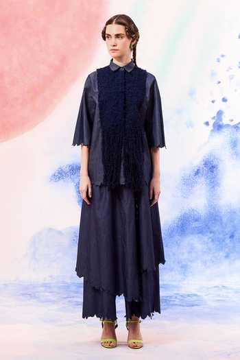 Ilk_Navy Embroidery Collared Root Cutwork Hem Shirt _Online_at_Aza_Fashions