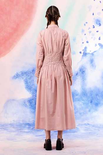 Shop_Ilk_Blush Poplin Embroidery Collared Otter Midi Dress _at_Aza_Fashions