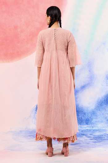 Shop_Ilk_Blush Silk, Muslin Embroidery Round Neck Fawn Textured Bodice Dress _at_Aza_Fashions