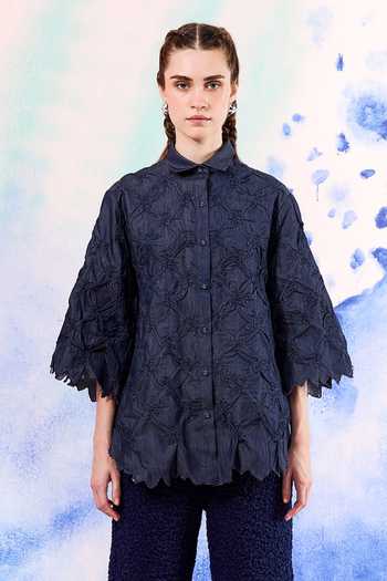 Shop_Ilk_Navy Embroidery Collared Reef Smocked Shirt _at_Aza_Fashions