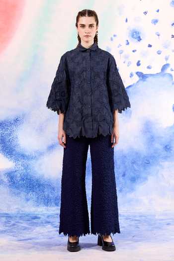 Shop_Ilk_Navy Cotton Embroidery Reef Smocked Pant _at_Aza_Fashions