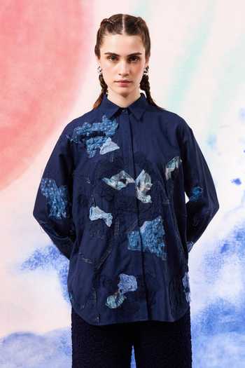 Buy_Ilk_Navy Silk Embroidery Collared Midnight Lichen Link Shirt _at_Aza_Fashions