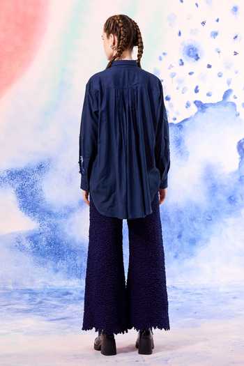 Shop_Ilk_Navy Silk Embroidery Collared Midnight Lichen Link Shirt _at_Aza_Fashions