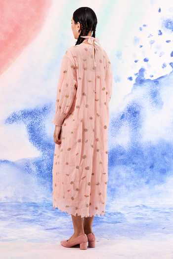 Shop_Ilk_Blush Silk, Muslin Embroidery Round Neck Lynx Midi Dress _at_Aza_Fashions
