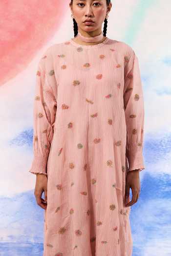 Ilk_Blush Silk, Muslin Embroidery Round Neck Lynx Midi Dress _Online_at_Aza_Fashions