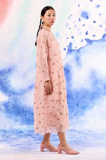 Buy_Ilk_Blush Silk, Muslin Embroidery Round Neck Lynx Midi Dress _at_Aza_Fashions