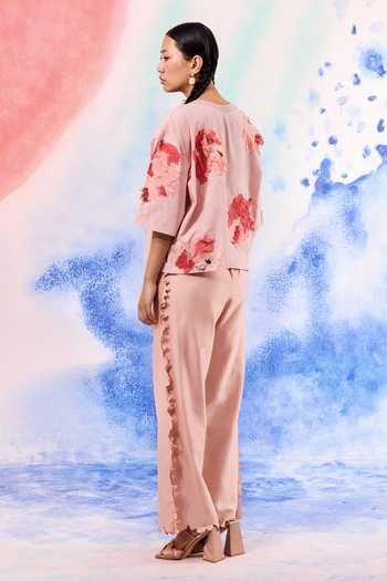 Shop_Ilk_Blush Poplin Embroidery Round Neck Lichen Patchwork T-shirt _at_Aza_Fashions