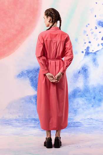Shop_Ilk_Coral Poplin Embroidery Collared Lichen Shirt Dress _at_Aza_Fashions