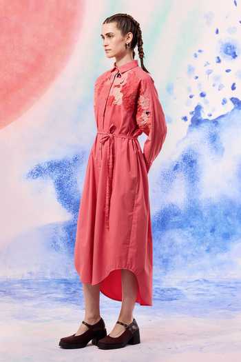 Ilk_Coral Poplin Embroidery Collared Lichen Shirt Dress _Online_at_Aza_Fashions