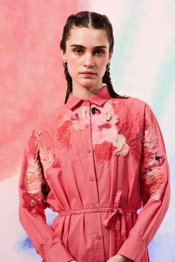 Buy_Ilk_Coral Poplin Embroidery Collared Lichen Shirt Dress _Online_at_Aza_Fashions