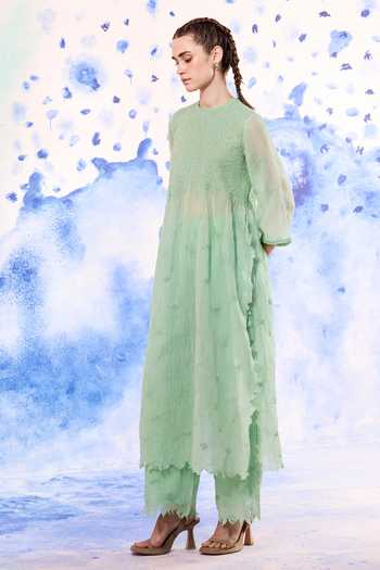 Ilk_Mint Silk, Muslin Embroidery Round Neck Canopy Midi Dress _Online_at_Aza_Fashions