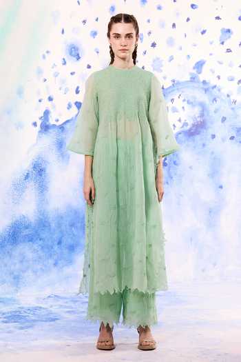 Buy_Ilk_Mint Silk, Muslin Embroidery Round Neck Canopy Midi Dress _at_Aza_Fashions