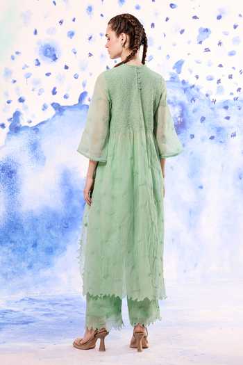 Shop_Ilk_Mint Silk, Muslin Embroidery Round Neck Canopy Midi Dress _at_Aza_Fashions