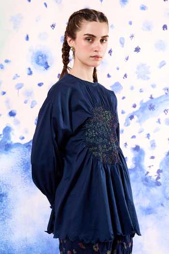 Buy_Ilk_Green Cambric Embroidery, Smocking Round Neck Nightcrawler Smocked Blouse _at_Aza_Fashions