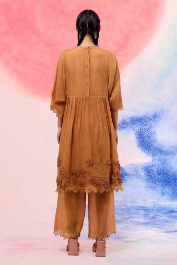 Shop_Ilk_Tan Muslin Embroidery Round Neck Dune Riase Midi Dress _at_Aza_Fashions