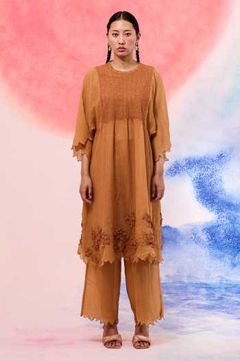 Buy_Ilk_Tan Muslin Embroidery Round Neck Dune Riase Midi Dress _at_Aza_Fashions