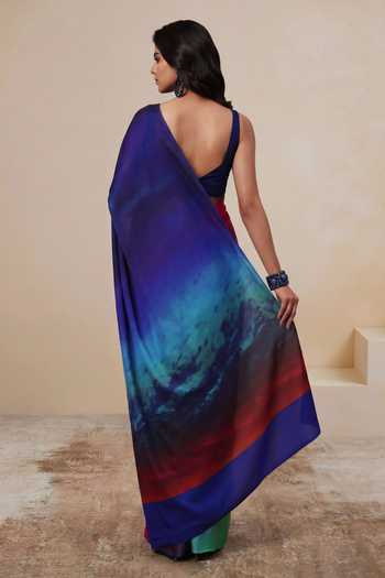 Shop_Satya Paul_Blue Silk, Crepe Spectrum Print Saree _at_Aza_Fashions