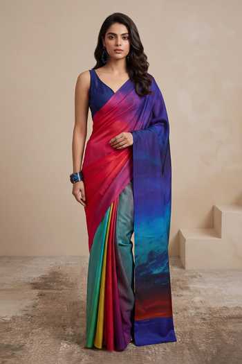 Buy_Satya Paul_Blue Silk, Crepe Spectrum Print Saree _at_Aza_Fashions
