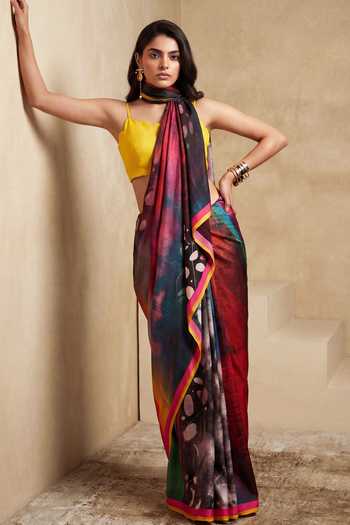 Satya Paul_Black Georgette, Satin Fire And Ice Printed Saree _Online_at_Aza_Fashions