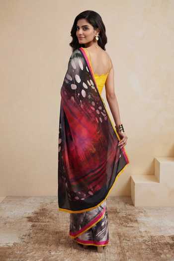 Shop_Satya Paul_Black Georgette, Satin Fire And Ice Printed Saree _at_Aza_Fashions