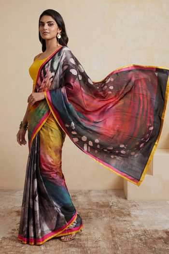Satya Paul_Black Georgette, Satin Fire And Ice Printed Saree _at_Aza_Fashions
