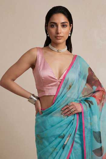 Satya Paul_Pink Silk, Chiffon Poolside Poise Saree _Online_at_Aza_Fashions
