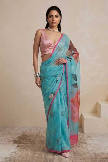 Buy_Satya Paul_Pink Silk, Chiffon Poolside Poise Saree _at_Aza_Fashions