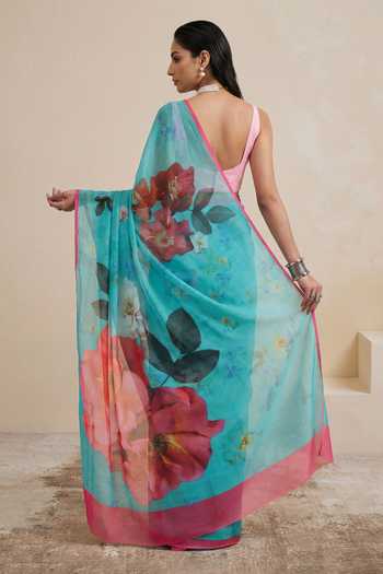 Shop_Satya Paul_Pink Silk, Chiffon Poolside Poise Saree _at_Aza_Fashions