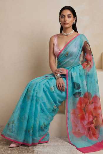 Buy_Satya Paul_Pink Silk, Chiffon Poolside Poise Saree _Online_at_Aza_Fashions