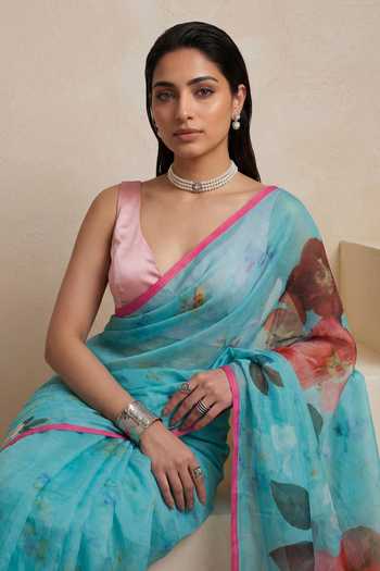 Shop_Satya Paul_Pink Silk, Chiffon Poolside Poise Saree _Online_at_Aza_Fashions