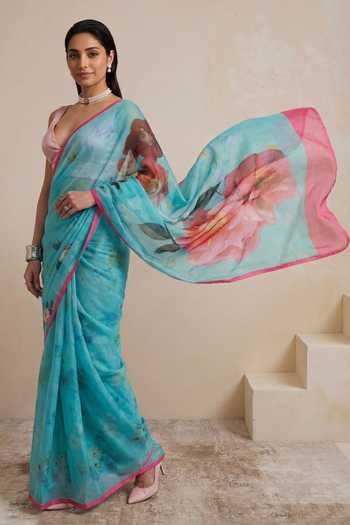 Satya Paul_Pink Silk, Chiffon Poolside Poise Saree _at_Aza_Fashions