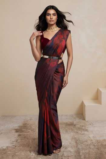 Buy_Satya Paul_Red Georgette, Satin Lavender Haze Saree _at_Aza_Fashions