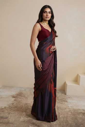 Satya Paul_Red Georgette, Satin Lavender Haze Saree _Online_at_Aza_Fashions