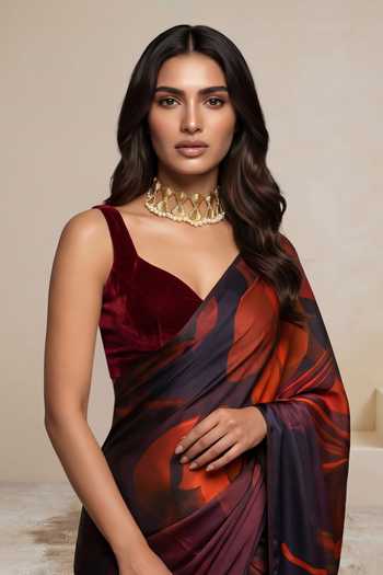 Satya Paul_Red Georgette, Satin Lavender Haze Saree _at_Aza_Fashions