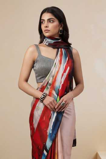Satya Paul_White Georgette, Satin Calicut Calling Print Saree _Online_at_Aza_Fashions