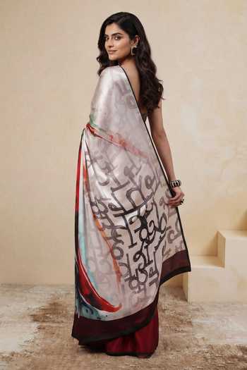 Shop_Satya Paul_White Georgette, Satin Calicut Calling Print Saree _at_Aza_Fashions