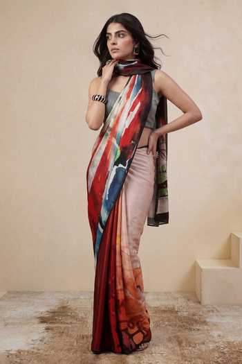 Shop_Satya Paul_White Georgette, Satin Calicut Calling Print Saree _Online_at_Aza_Fashions