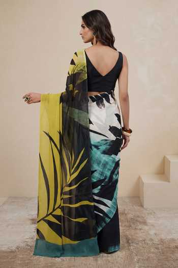 Shop_Satya Paul_Green Silk, Crepe Jungle Jane Print Saree _at_Aza_Fashions