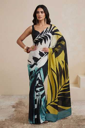 Buy_Satya Paul_Green Silk, Crepe Jungle Jane Print Saree _at_Aza_Fashions