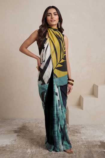 Buy_Satya Paul_Green Silk, Crepe Jungle Jane Print Saree _Online_at_Aza_Fashions