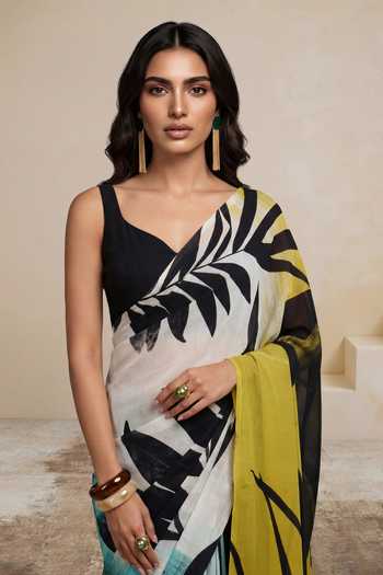 Shop_Satya Paul_Green Silk, Crepe Jungle Jane Print Saree _Online_at_Aza_Fashions
