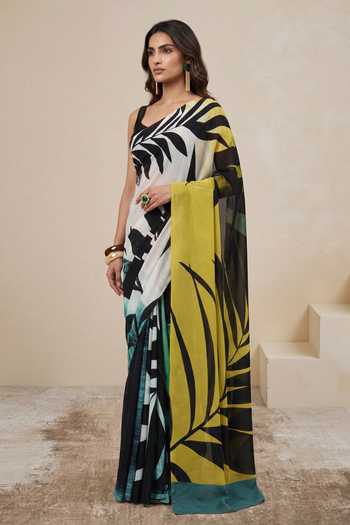 Satya Paul_Green Silk, Crepe Jungle Jane Print Saree _at_Aza_Fashions