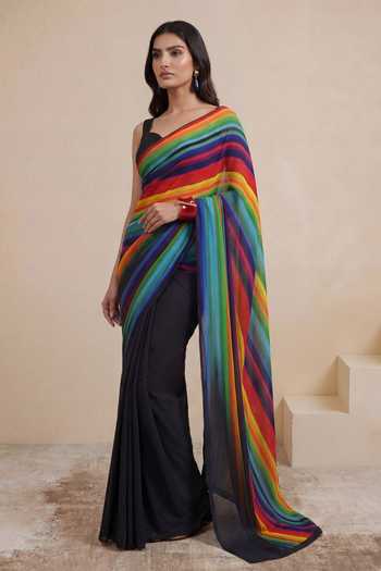 Buy_Satya Paul_Blue Silk, Crepe Prismatic Glow Printed Saree _Online_at_Aza_Fashions
