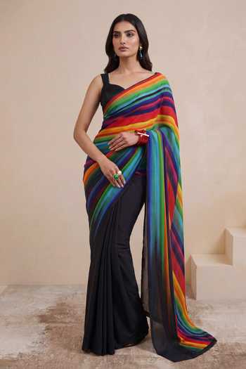 Buy_Satya Paul_Blue Silk, Crepe Prismatic Glow Printed Saree _at_Aza_Fashions