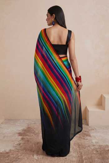 Shop_Satya Paul_Blue Silk, Crepe Prismatic Glow Printed Saree _at_Aza_Fashions