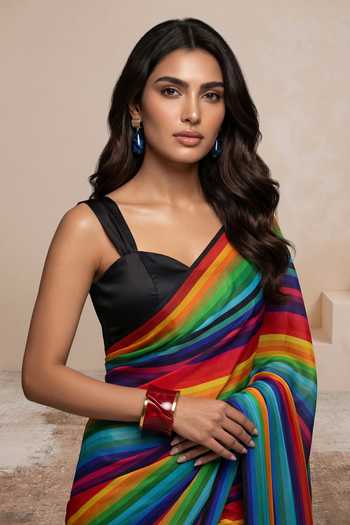 Satya Paul_Blue Silk, Crepe Prismatic Glow Printed Saree _at_Aza_Fashions